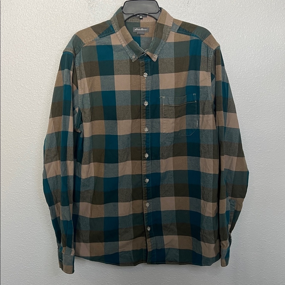 Eddie Bauer Classic Fit Plaid Button Down Shirt Blue/Tan Size XL Tall - Picture 2 of 7